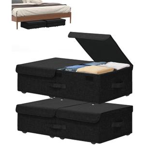 Under Bed Storage Container with Wheels, 2 Pack 5.5" High Deep Underbed Rolling Box Storage Bins Drawers with Lids for Bedroom, Dorms, Clothes, Shoes, Blankets, No Assemble Required, Black (5.5 Inch Height)