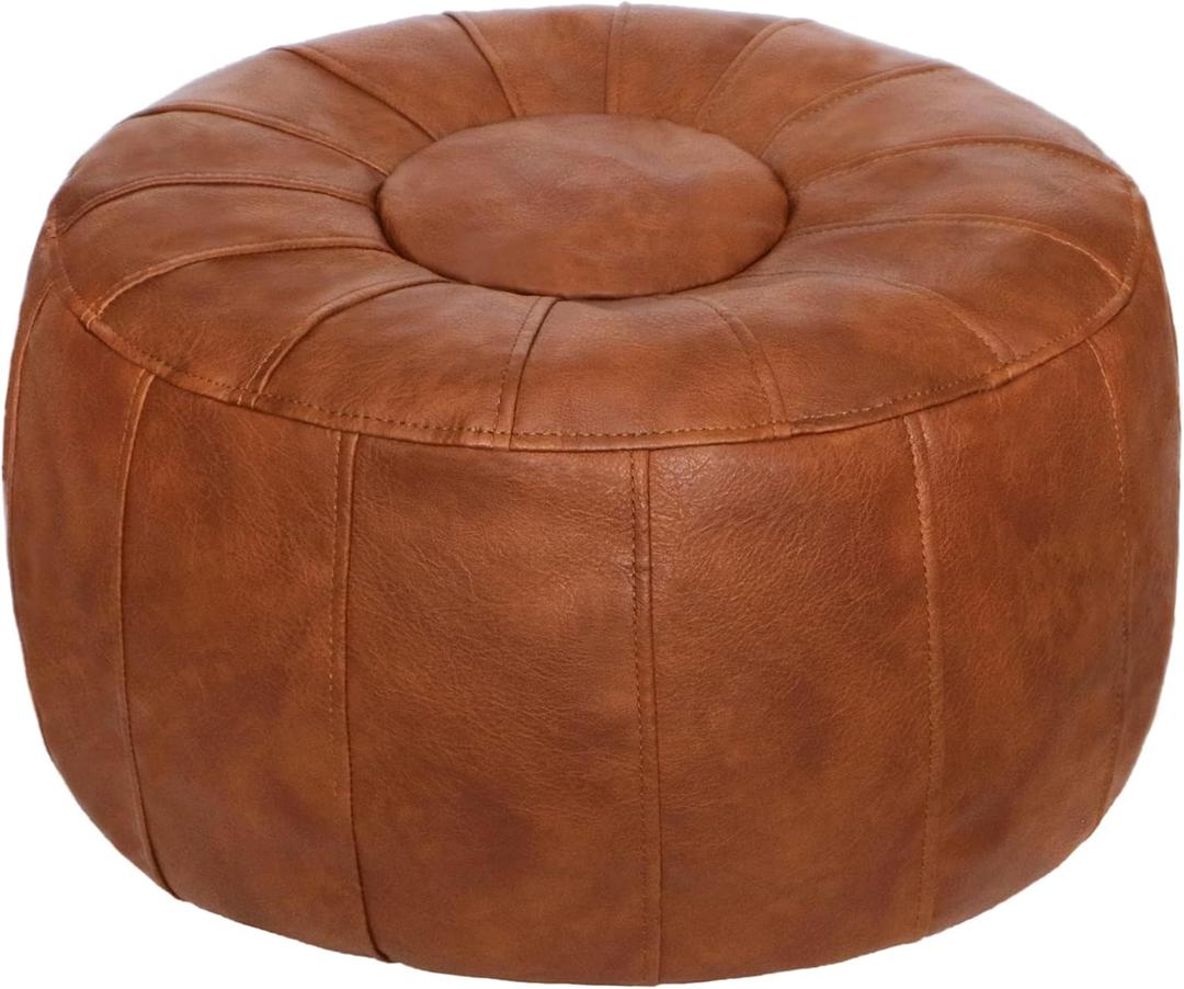 Thgonwid Unstuffed Moroccan Storage Pouf Foot Stool Ottoman Seat Handmade Faux Leather Bean Bag Floor Chair Foot Rest for Living Room, Bedroom or Balcony (Light Brown)