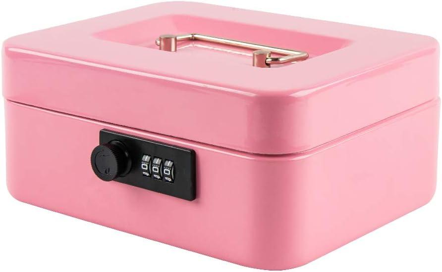 Medium Cash Box with Combination Lock Safe Metal Money Box with Money Tray for Security Lock Box 7.87x 6.30x 3.54Inch Pink Medium