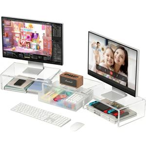OPNICE Clear Acrylic Desk Organizers and Accessories, Dual Monitor Stand Riser with Drawer, Desk Shelf Computer Racks for Office Workspace Organizers, Desktop Organization (Transparent)