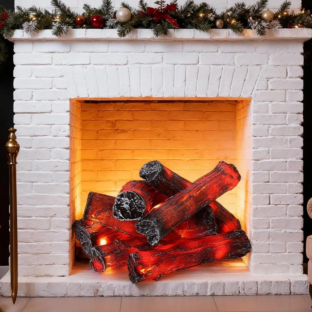 Tuanse 8 Pcs 8.7 in Flameless Fireplace Log Light Fake Fire Flame Camping Decoration Flameless Fireplace LED Light Fake Fire Log for Home Christmas Winter Indoor Outdoor Party Decor
