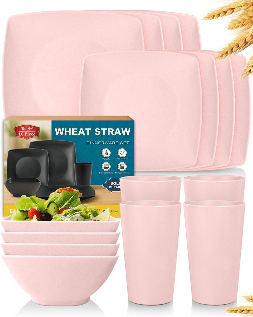 Teivio 16-piece Plastic Wheat Straw Square Dinnerware Set for 4, Unbreakable Dinner Plates, Salad Plates, Snack Bowls, Tumblers 13.5 oz, Dishwasher Safe, Kitchen Dinning RV Essentials, Pink