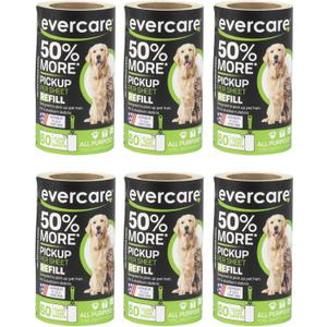 Evercare Pet Lint Roller Refill, Manual Operation, 60 Sheets per Roll, 6 Count Refill Pack for Pet Hair Removal, Green