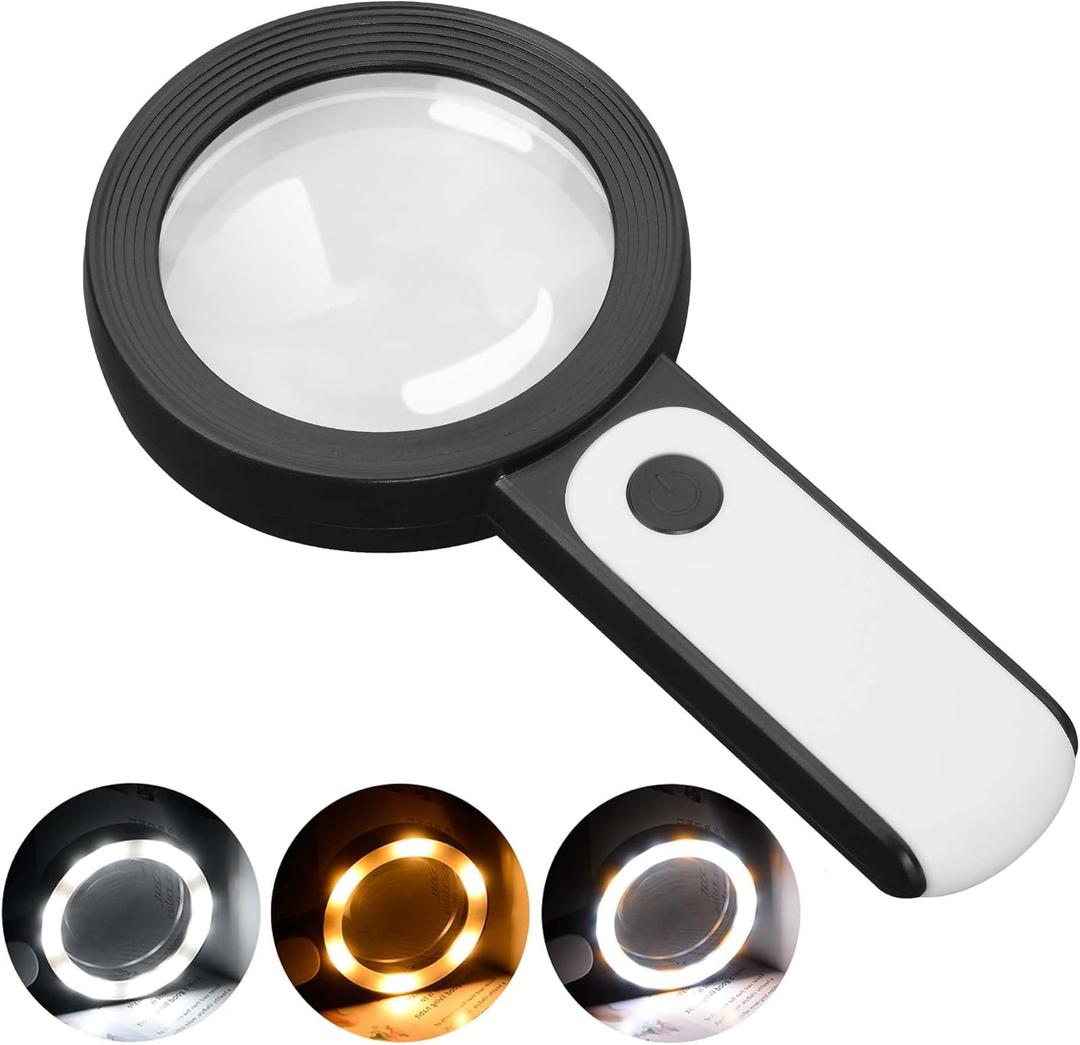 JMH Magnifying Glass with Light, Handheld Large Magnifying Glass 18LED Cold and Warm Light with 3 Modes, Illuminated Lighted Magnifier for Seniors Reading, Coins, Jewelry (Black)