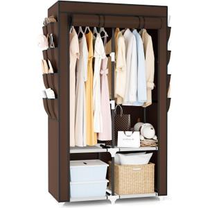 Portable Closet for Hanging Clothes, Portable Wardrobe Closet with Cover, 4 Storage Shelves, 2 Hanging Rods and 8 Side Pockets Easy Assembly and Sturdy Free Standing Closet for Bedroom Brown