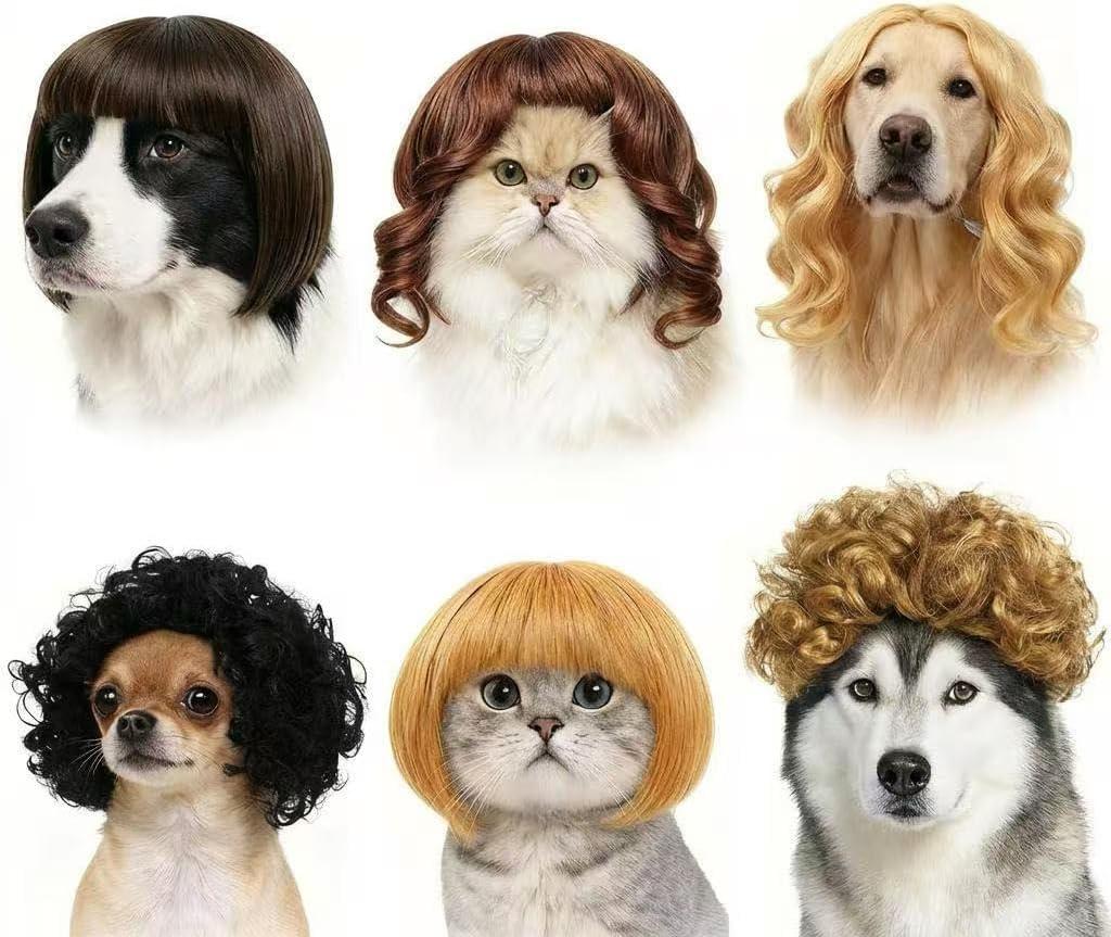 6 Pack Funny Cat and Dog Wigs, Soft Pet Cosplay Costume with Adjustable Straps, for Halloween Christmas Party Dress-Up, Ideal Gift for Pet Lovers