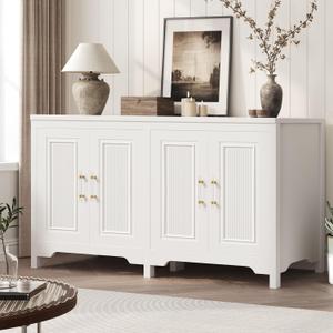Kitchen Storage Cabinet, 55" White Cabinet with Shelves and Storage, Modern Farmhouse Coffee Bar Station for Dining Room, Kitchen Buffet (55*15.7*32.2)
