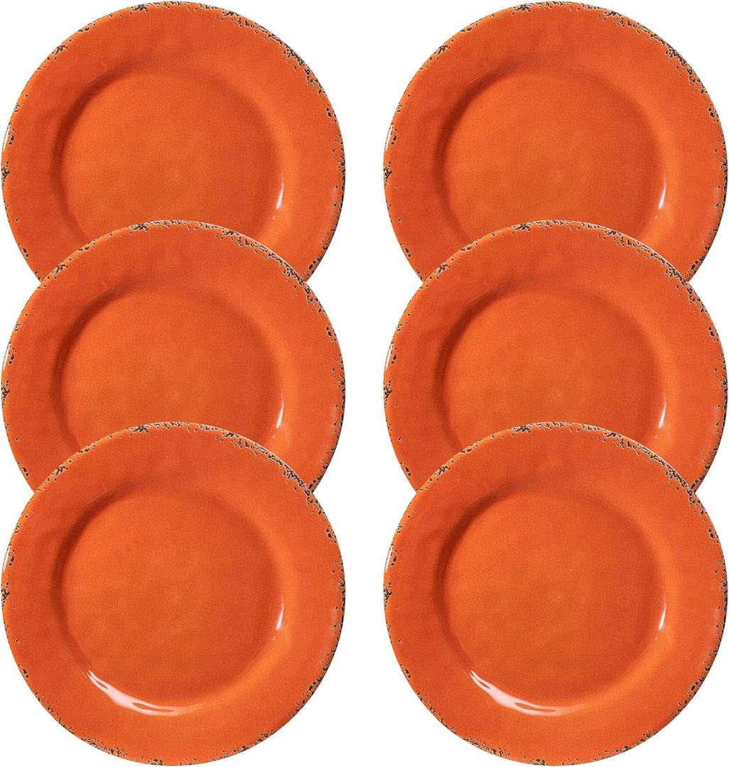 Melamine Salad Plates Set of 6, Lightweight Dessert Plate, 9 Inch Small Dinner Plate, Farmhouse Plates for Lunch, Cake, Bread, Snack, or Appetizer, Orange Color