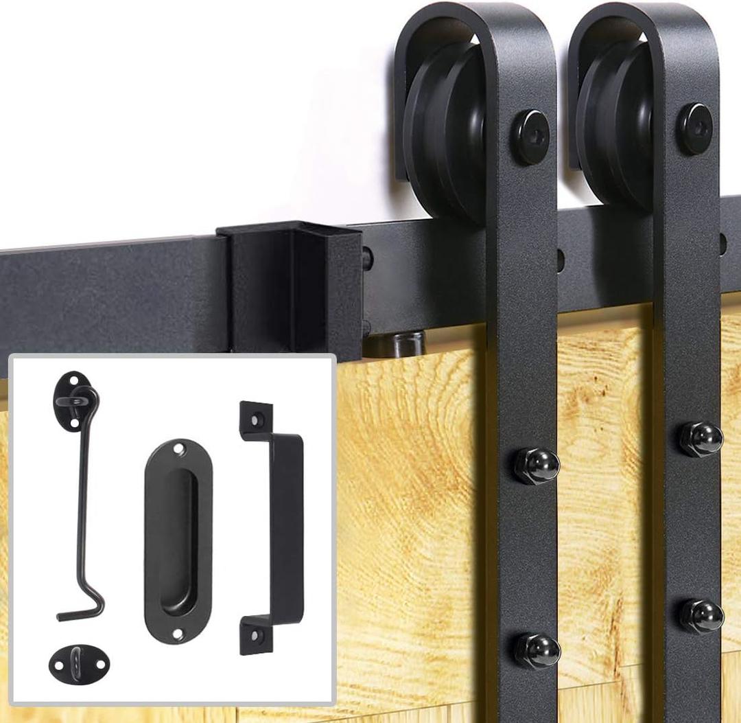 Signstek Sliding Barn Door Hardware Kit 6.6 FT Heavy Duty-Smoothly and Quietly- Easy to Install with Door Hook and 2 Handles - Fit 1 3/8-1 3/4" Thickness  Black (J Shape Hanger)
