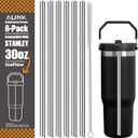 ALINK Stainless Steel Straws Compatible with Stanley Iceflow 30oz Flip Tumbler, 6 Pack Reusable Metal Straws for Stanley Ice Flow 30oz Cup Lid Only, Plus Straw Cleaner Brush