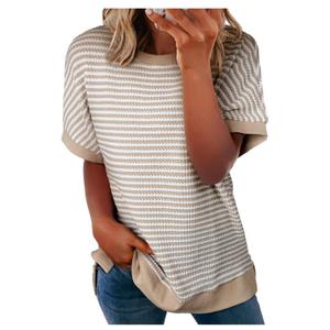EVALESS Womens Oversized Tshirts Trendy Crewneck Short Sleeve Tops Color Block Striped T Shirts Loose Fit Tee Size M