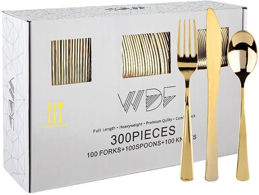 WDF300 Pieces Gold Plastic Silverware - Heavy Duty Disposable Cutlery Set Plastic Gold Silverware Set Includes 100 Forks, 100 Spoons, 100 Knives for Party