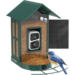 SOLIOM BF08- Metal Solar Bird Feeder Camera with AI Identify Species, Wild Bird Watching Cam, Live View, Instant Notifications with 5W Solar Panel(Green)