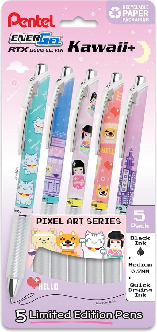 Pentel EnerGel RTX Liquid Gel Pen, Kawaii Tokyo Designs, (0.7mm), Medium Line, Black Ink, Pack of 5 (BL77KWIPF5A)