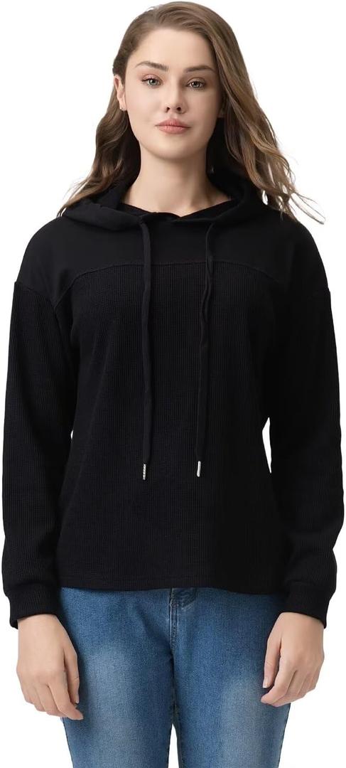 Waffle Hoodies for Woman: Knit Long Sleeve Drawstring Hooded Pullover Womens Oversized Thermal Lightweight Loose Sweatshirts Casual Athleisure Fall Trendy Black (Black, M)