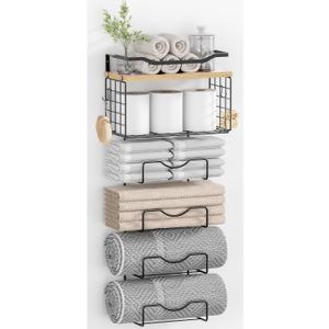 Towel Racks for Bathroom,Towel Rack Wall Mounted, 6 Tier Rolled Or Folded Towel Holder with Floating Shelves, Bathroom Towel Holder for Bath, Hand Towels,Metal,Walnut Wood Panel (J-type Black Rack)