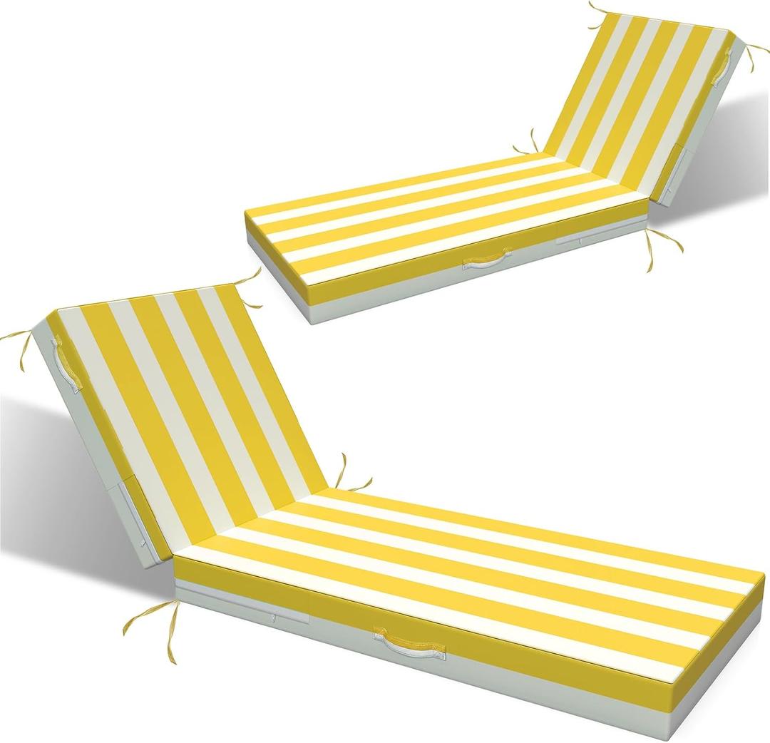 L'AGRATY Outdoor Lounge Chaise Cushion: 72x21x3 Inch Waterproof Lounge Chair Cushion for Outdoor Furniture with Fade Resistant Removable Cover - Patio Cushions for Pool Lawn Deck(Yellow White 2Pcs)