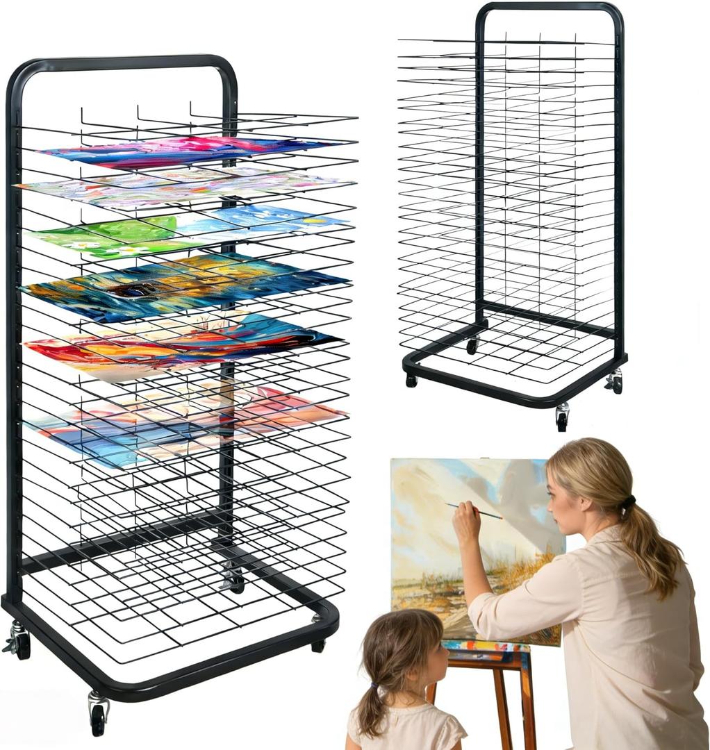 25 Removable Shelves Mobile Art Drying Rack for Classroom, Sturdy Metal Art Canvas Storage & Art Print Display Rack with Locking Wheels (32.22x14.6x17.3 In)Painting Drying Rackpaper drying rack (Black 25 layers)