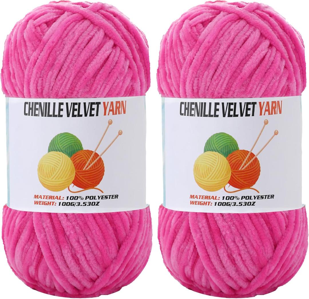 2 * 100g Velvet Chenille Chunky Yarn, Handcrafts Weaving Soft Chenille Yarn for Crocheting Clearance, Used for Making Baby Yarn Blanket, Clothes, Knitting Creations (Deep Pink)