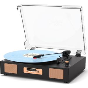 Vintage Vinyl Record Player, 3-Speed Turntable with Bluetooth, USB/SD Recording, Built-in Stereo Speakers, RCA Output, Digital Display  Black & Gold