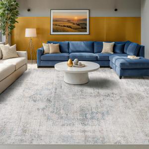 9x12 Washable Area Rug for Living Room, Large Light Blue Vintage Medallion Rug, Non Slip Low Pile Stain Resistant Carpet for Bedroom Dining Room, Soft Distressed Neutral Home Decor