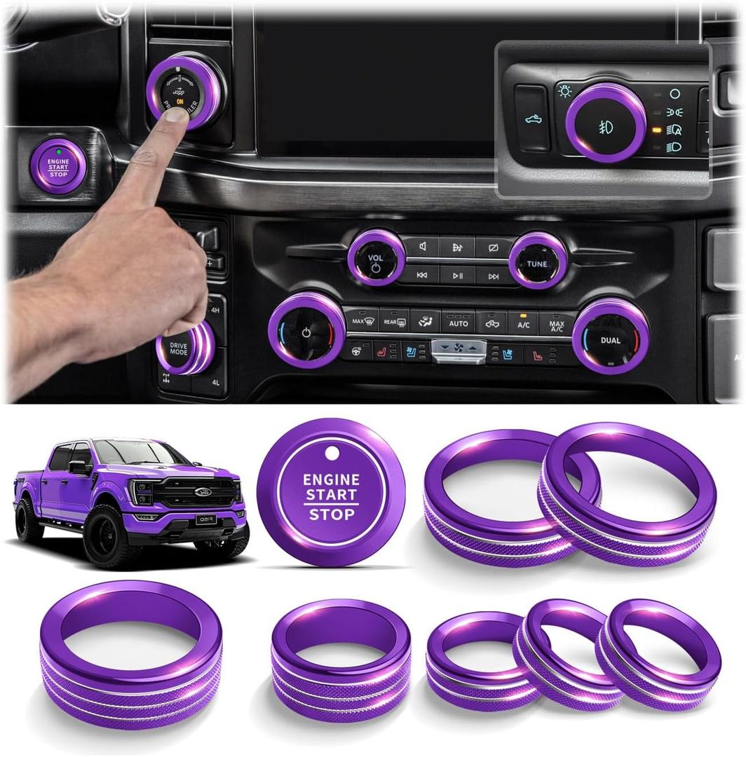 for Ford F150 Accessories 2021-2025 2026 & Super Duty F250 F350 F450 2023-2026, 9pcs Aluminum Alloy Knob Cover Trim Set - Push Start, A/C, Volume, Headlight, Trailer & Drive Mode (Purple)