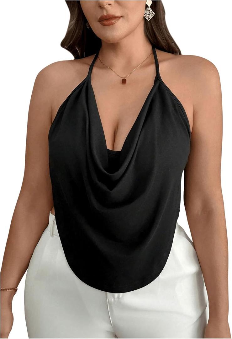Women's Plus Size Halter Tops for Women Draped Cowl Neck Sleeveless Asymmetrical Crop Low Cut Cami Tops (3X-Large Plus, Black)