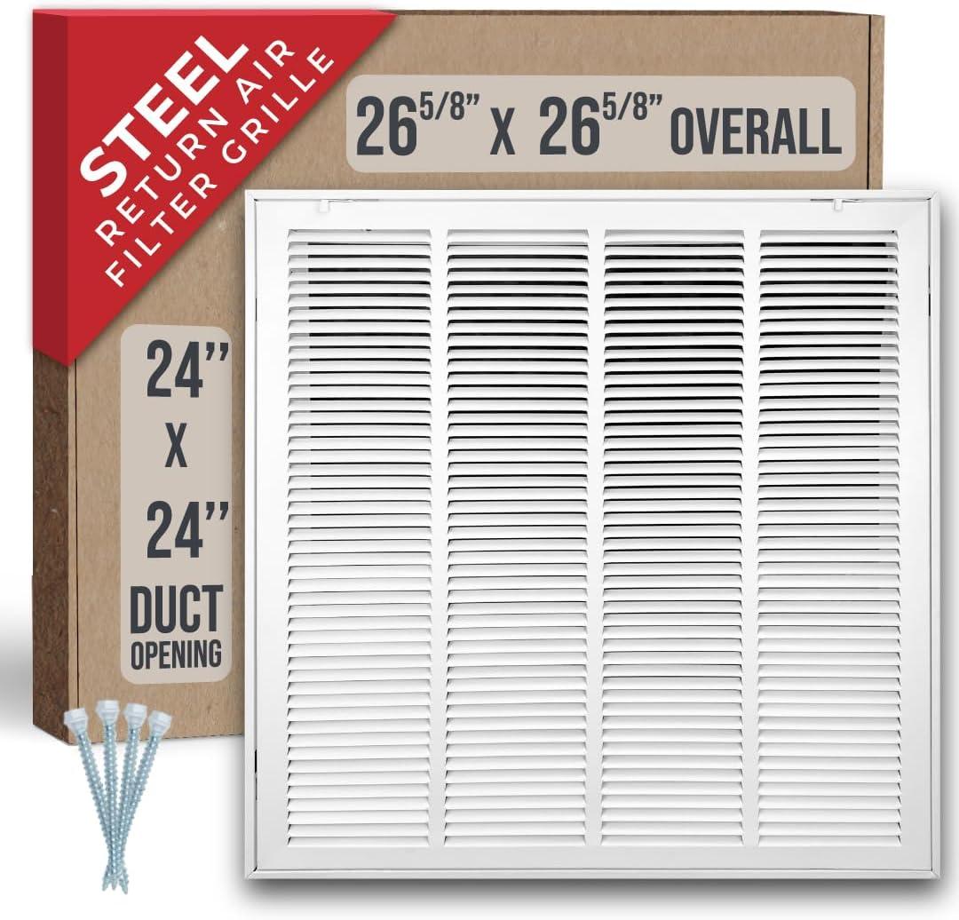 Fits 24x24 Duct Opening | Steel Return Air Filter Grille by Handua [Removable Door] for 1-inch Filters | Vent Cover Grill | White | HVAC Cold Air Intake Grille | Out Dim: 26 5/8"W X 26 5/8"H