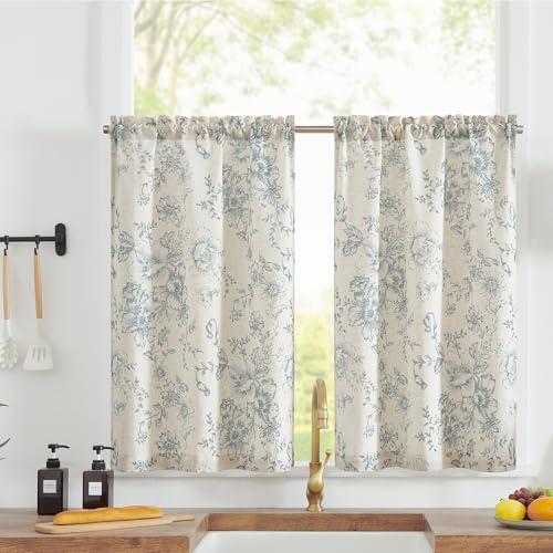 jinchan Floral Linen Tier Curtains Blue Flower on Beige Cafe Curtains 36 Inch Length Kitchen Living Room Bedroom Bathroom Farmhouse Rustic Country Rod Pocket 2 Panels
