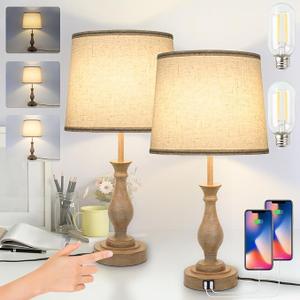 Touch Lamps for Bedrooms Set of 2, Farmhouse Table Lamp with Dual USB Charging Ports, 3 Way Dimmable Nightstand Lamps with Linen Fabric Lampshade for Bedroom (Pack 2-Beige Shade & Antique Brown)