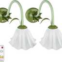 Battery Operated Cordless Flower Wall Sconce Set of 2 (Green), Stepless Dimming Magnetic Wireless Wall Lamp, 5200mAh Rechargeable Battery, for Living Room Bedroom Hallway Corridor