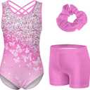 Idgreatim 5-10 Years Gymnastics Leotards for Girls Shiny tumbling outfits with Shorts Unitards Biketards (8-9 Years, Pink White)