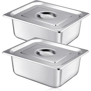 Mifoci 2 Pack Stainless Steam Hotel Pan with Lid, 1/2 Size x 4 Inch Deep Steam Table Pan Restaurant Supplies Reusable Anti Rust Steam Pan Water Pan for Home, Party, Restaurant, Hotel, Buffet