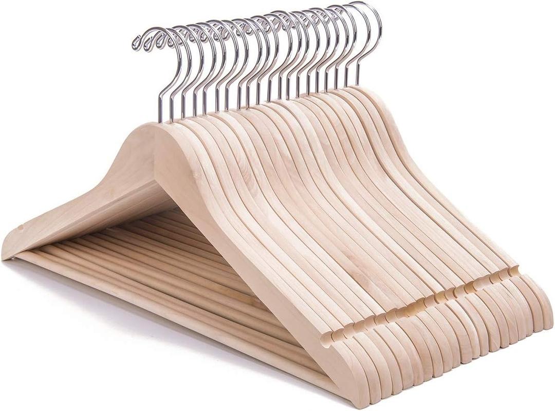 Nature Smile 20 Pack Unfinished Natural Solid Wooden Clothes Hangers Wood Suit Coat Jacket Hanger with Extra Smoothly Cut Notches and Bar - 360Stronger Rotatable Hook
