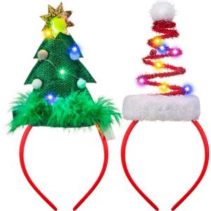 JOYIN 2 PCS Lighted Christmas Headbands with LED lights in Springy Santa Hat Tree Designs for Christmas and Holiday Parties (ONE SIZE FIT ALL)