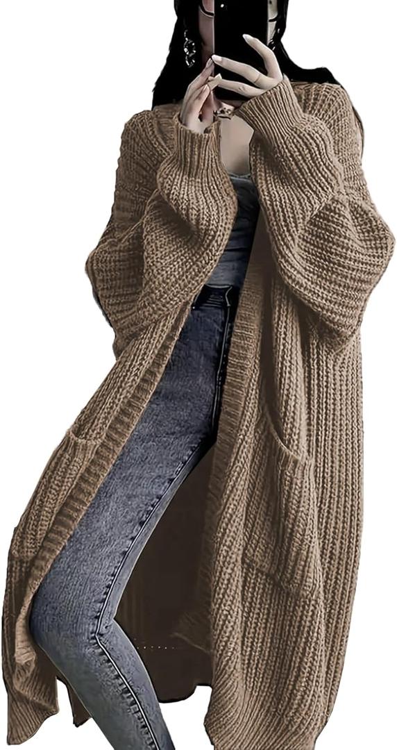 Womens Long Sleeve Cardigan Sweaters Open Front Knit Long Cardigans Duster with Pockets 2024 Fall Winter Oversized Coat (US, Alpha, Medium, Regular, Regular, Khaki)