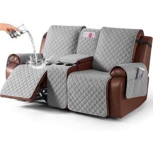 KinCam 100% Waterproof Recliner Loveseat Cover with Console, Non-Slip Reclining Couch Covers for 2 Seat, Recliner Sofa Cover Furniture Protector with Elastic Straps for Kids, Pets, Light Gray