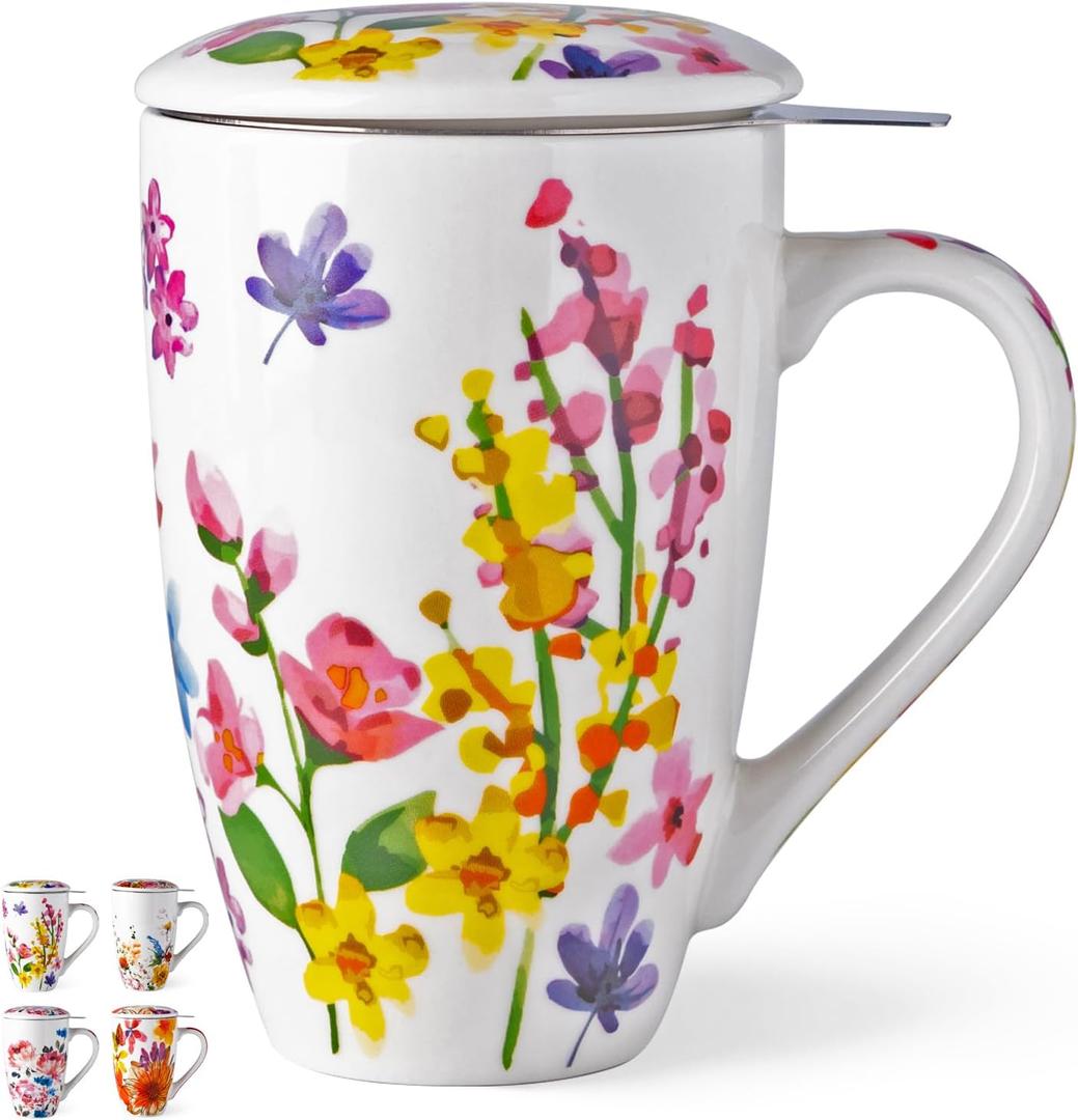 GBHOME Tea Mug with Infuser and Lid, 18 Ounce Large Ceramic Loose Leaf Tea Cup, Microwave, Dishwasher Safe Tea Steeping Mug, Pefect Gift For Tea Lover.