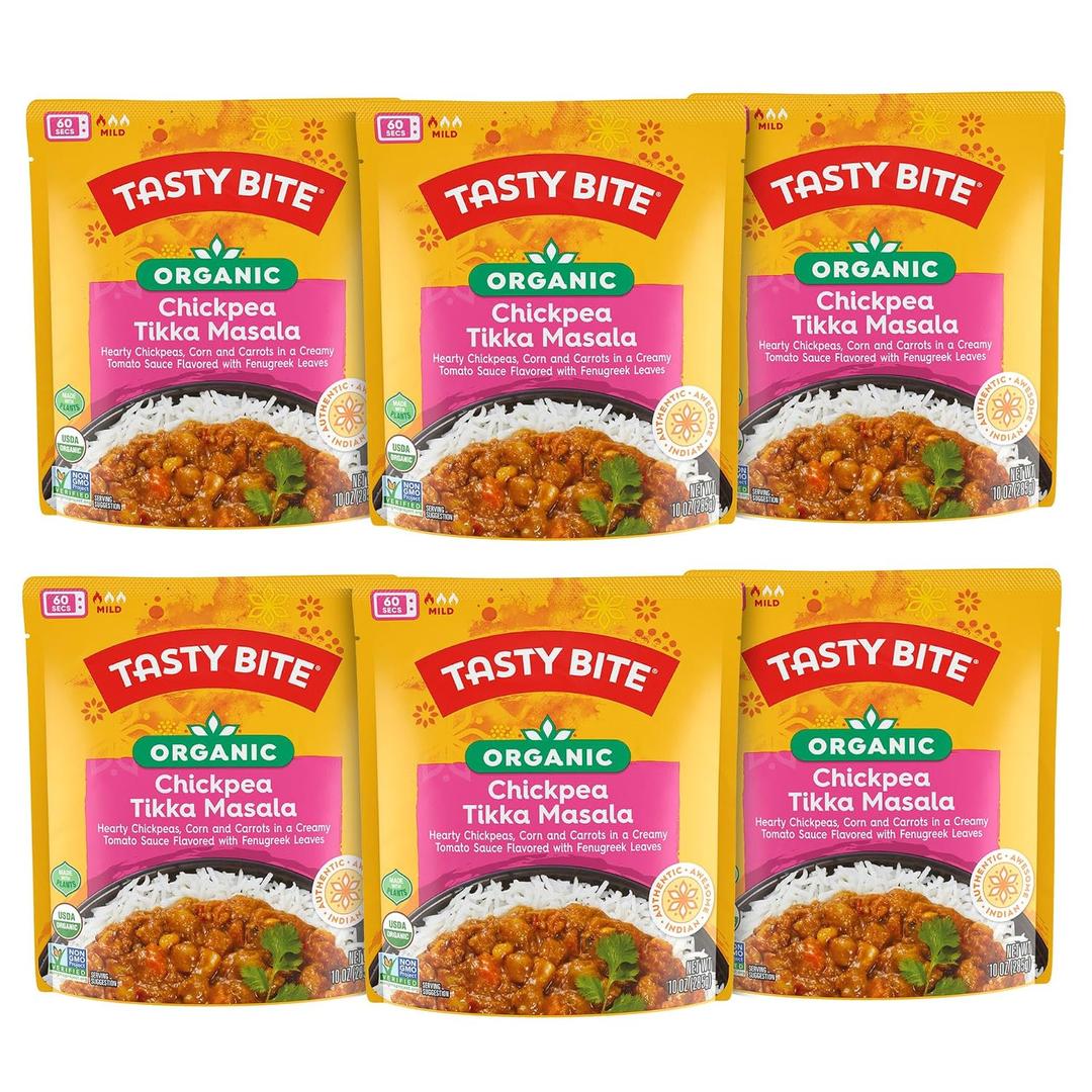 Tasty Bite Organic Chickpea Tikka Masala, Ready to Eat, Microwavable Entre, Vegan, 10 Ounce (Pack of 6) (EXP 06/30/27)