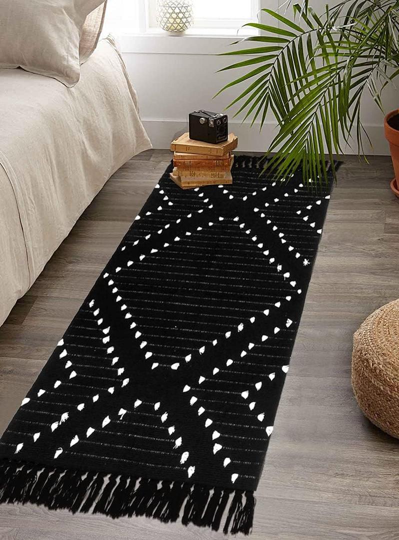 HAOCOO Boho Bathroom Runner Rug 2 X 4.3, Black Geometric Washable Woven Cotton Diamond Area Rug, Chic Moroccan Tribal Tassel Kitchen Rug,Throw Floor Mat Carpet Decorative for Living Room Bedroom, Black 