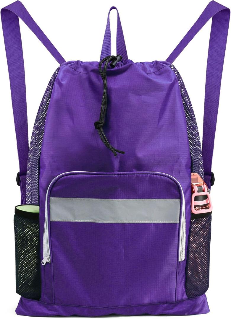 BeeGreen Gym Bag Drawstring Backpack w Zipper Pocket Swim Bag for Men Women Swimmers Sports Bag for Beach Pool Workout Gifts with 2 Mesh Pockets Cinch Bag Dark Purple, W16.9'' * H24''