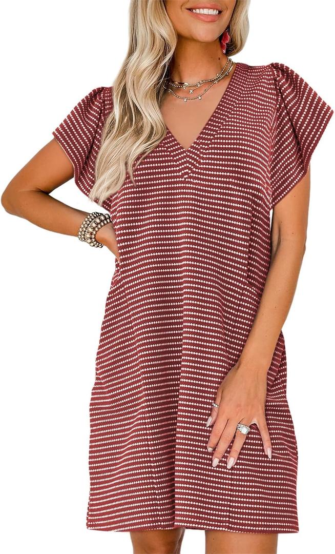 Acelitt Womens Casual Summer V Neck Cap Sleeve Shift Mini Dress with Pockets, S-XXL (Red)