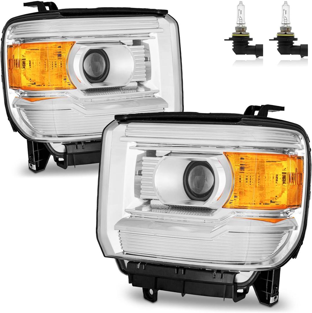 Headlights W/Bulbs for 2014-2018 GMC Sierra 1500/2015-2019 GMC Sierra 2500HD 3500HD Halogen Headlamp Replacement Driver & Passenger Side
