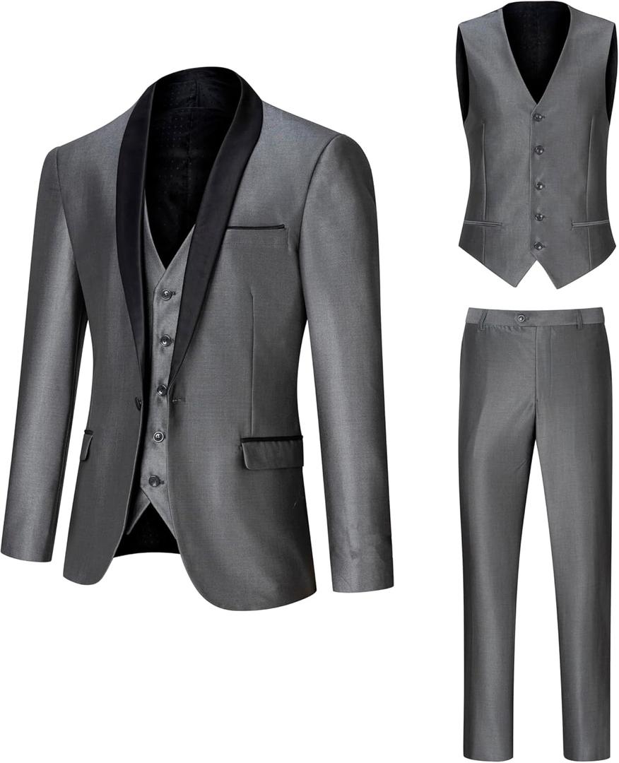 Men's Suit 3 Piece Slim Fit Suits for Men, One Button Solid Shawl Lapel Blazer Jacket Vest Pants Set for Party Wedding (Large, Medium Grey)