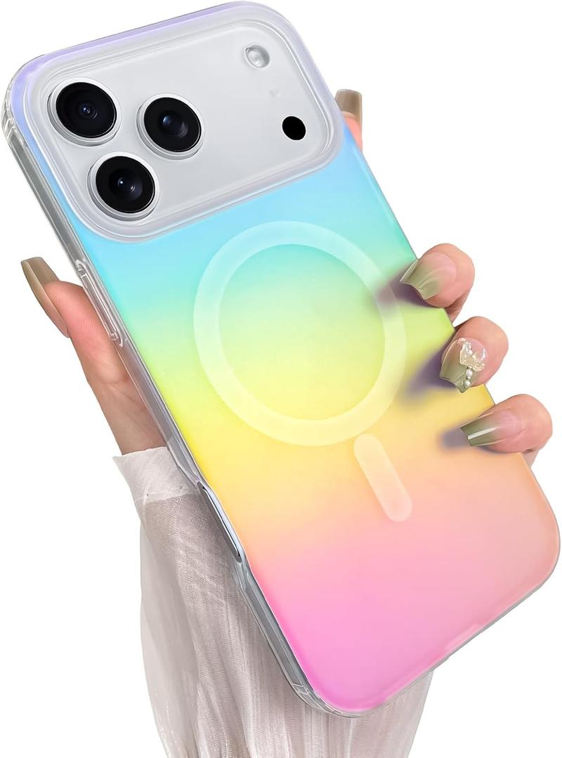 Cute Case for iPhone 17 Pro Max Case for Women Girls [Compatible with Magsafe] Aesthetic Girly Glitter Bling Rainbow Magnetic Protective Phone Cover, Translucent Iridescent Blue & Pink