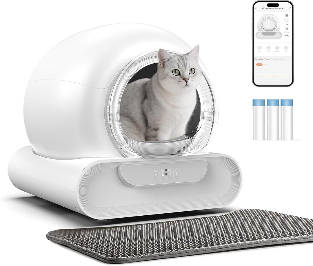 Self Cleaning Litter Box, Integrated Safety Automatic Cat Litter Box Self Cleaning 65L+9L for Multiple Cats, App Control, Odor Removal, Includes Door Curtains