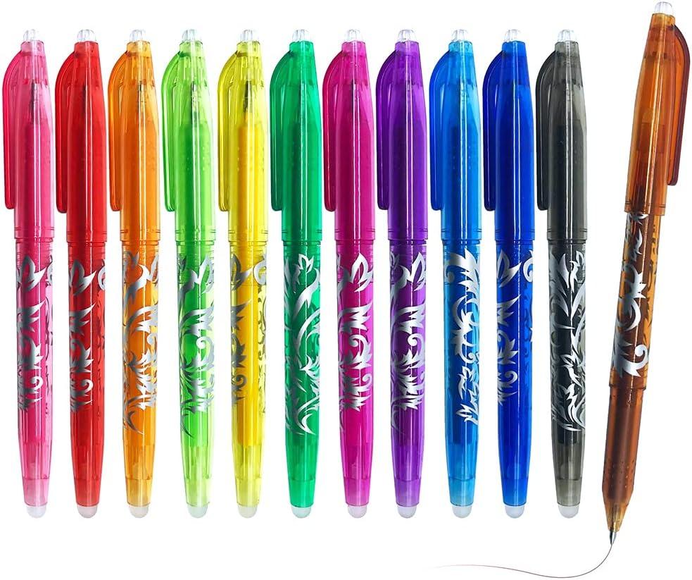 DxJ Erasable Gel Pens - 12pcs Heat Erase Pens for Fabric,0.5mm Fine Point Rolling Ball Pen,Assorted Color Inks for Drawing Writing,Gel Ink Rollerball Pens for Kid Students Adults