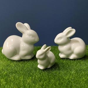 Set of Mini Ceramic Rabbit Figurines, Porcelain Easter Bunny Decorations for Home, Tabletop Ornament, Tea Ceremony Pet (3-White)