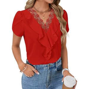 Vrtige Women's Elegant Lace V Neck Petal Short Sleeve Ruffle Work Chiffon Blouse Shirt Top Red X-Small (XS)