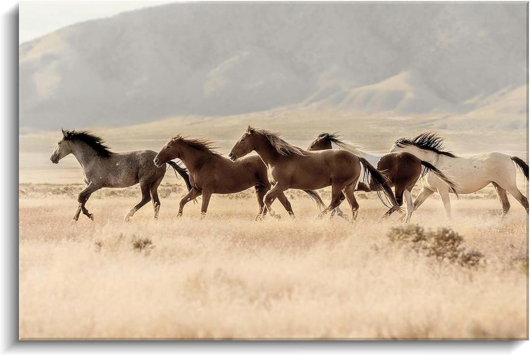 Western Horses Picture Wall Art: Wild Animals Canvas Painting Farmhouse Horses Prints Wildlife Artwork for Living Room, 36"L x 24"W